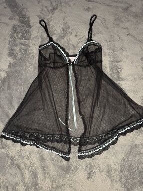 Victoria's Secret Black Sheer Lace-Trim Babydoll Chemise with Light Blue Ribbon